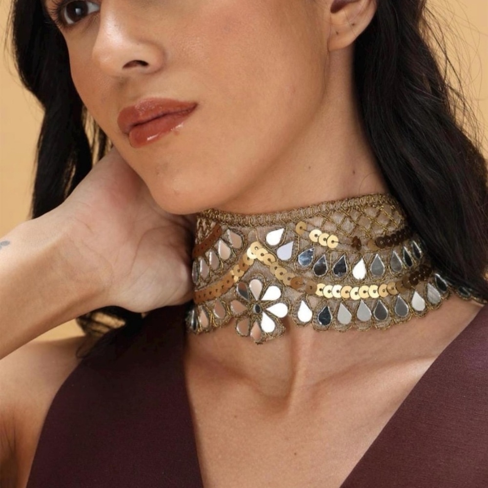 New Handmade Mirror Embroidered Floral Choker Gold Storm Choker - Picture 5 of 10